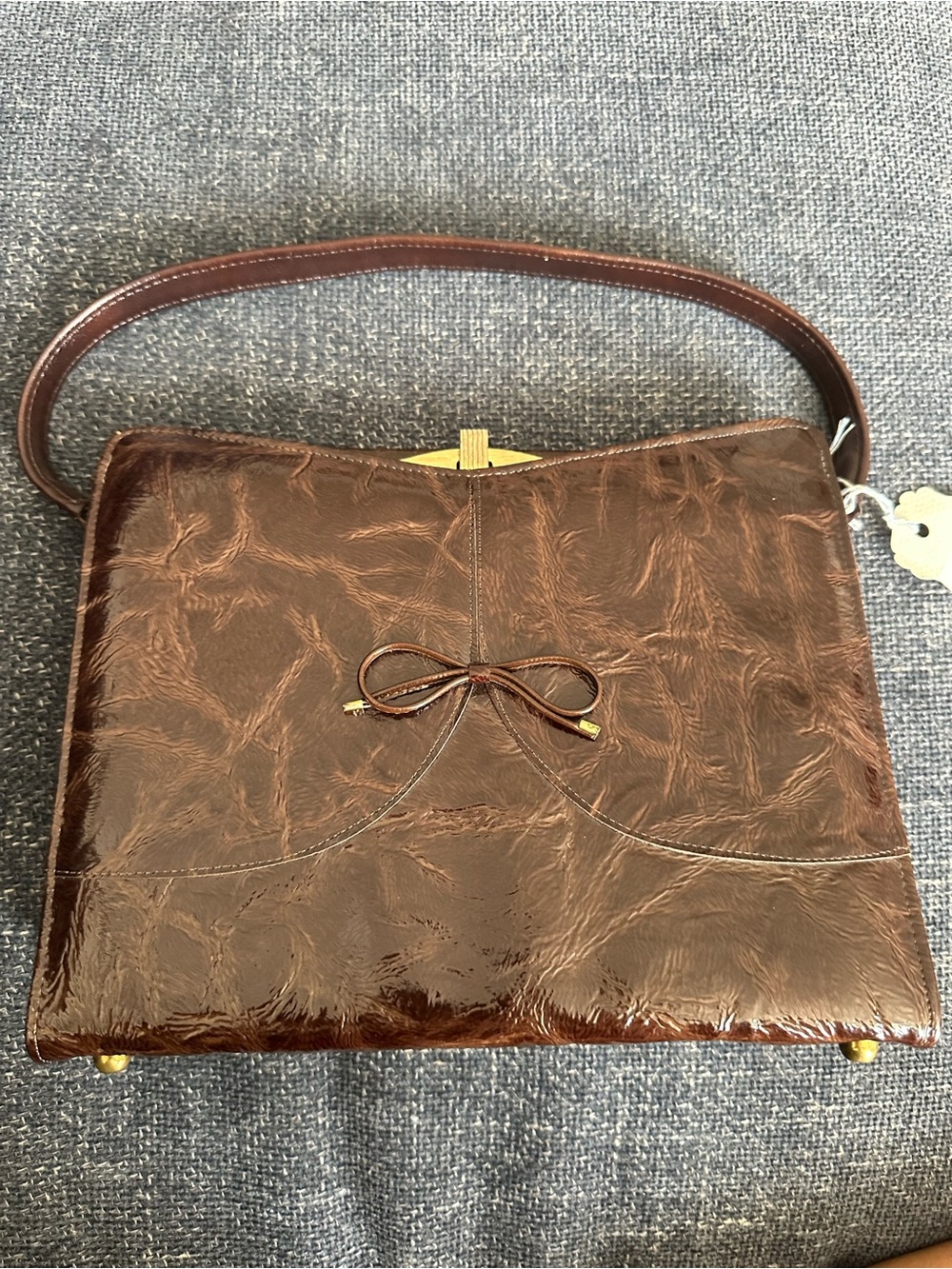 Vintage 1950-60’s Naturalizer Brown Patent Top-Handle Bag with Bow Accent